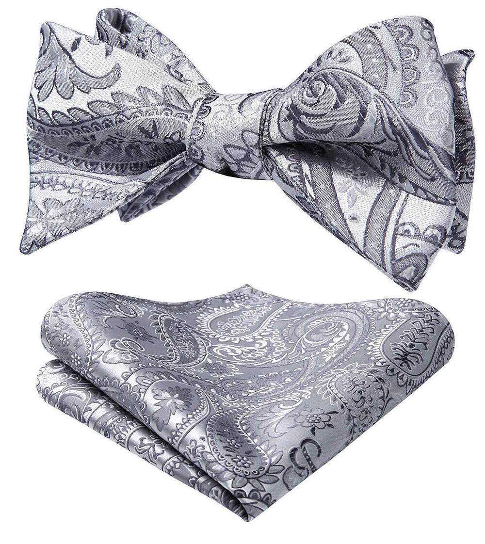 5046 Silver Bow Ties Gray Paisley Self Tie Bow Tie and Pocket Square Set